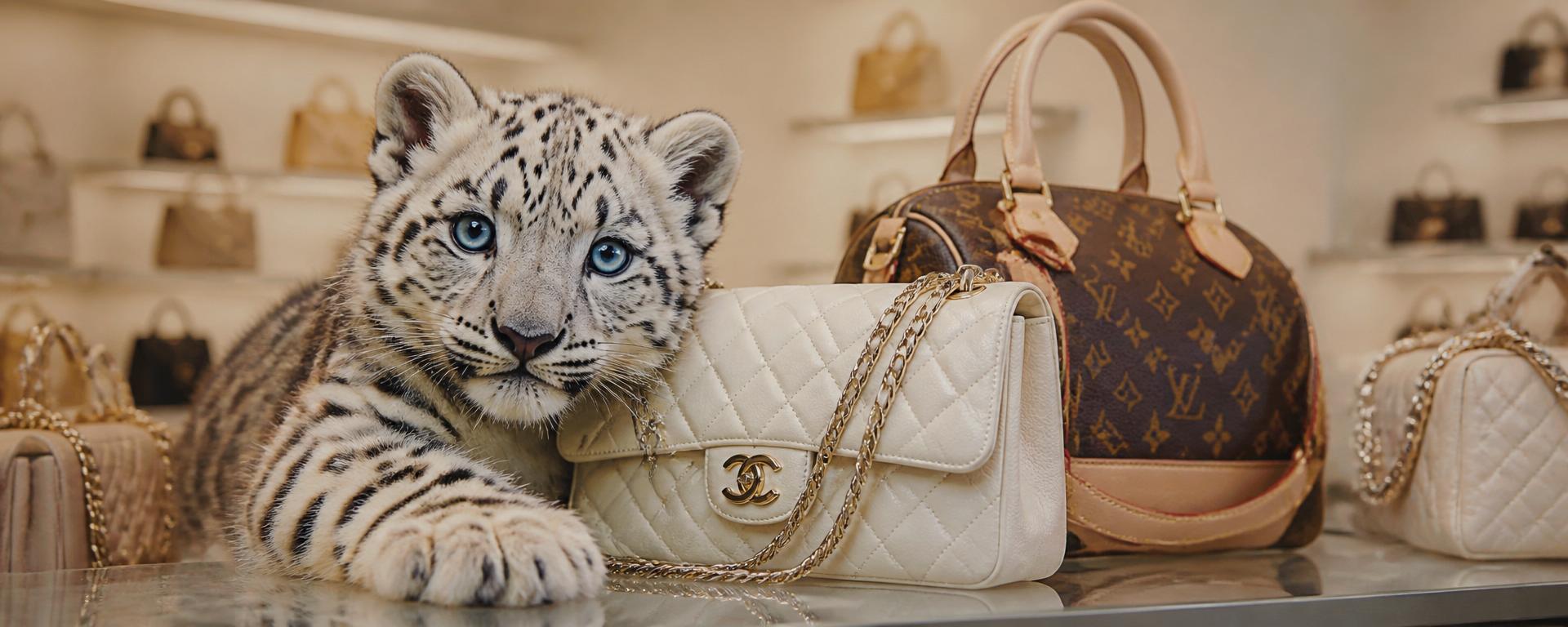 Baby snow leopard resting beside luxury designer handbags